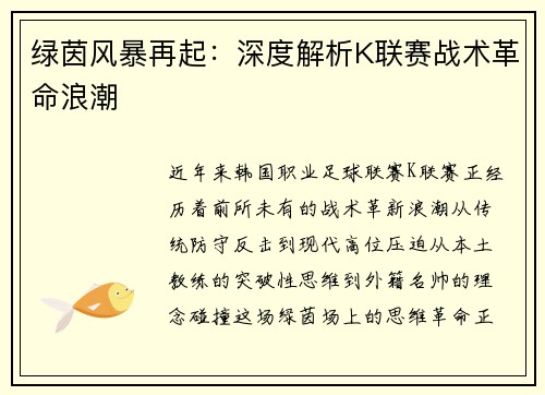 绿茵风暴再起：深度解析K联赛战术革命浪潮