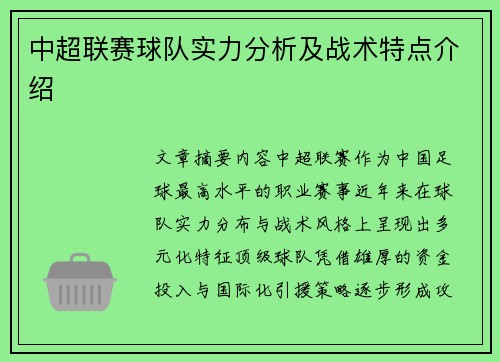 中超联赛球队实力分析及战术特点介绍